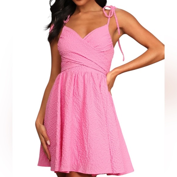 Lulus Cute and Sweet Pink Spaghetti Shoulder Straps Mini Skater Dress.  #88 - Picture 1 of 11